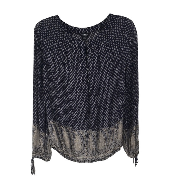Lucky Brand Navy & Ivory Geometric Print Tie Sleeve Bohemian Blouse - Sz XS - Picture 1 of 16